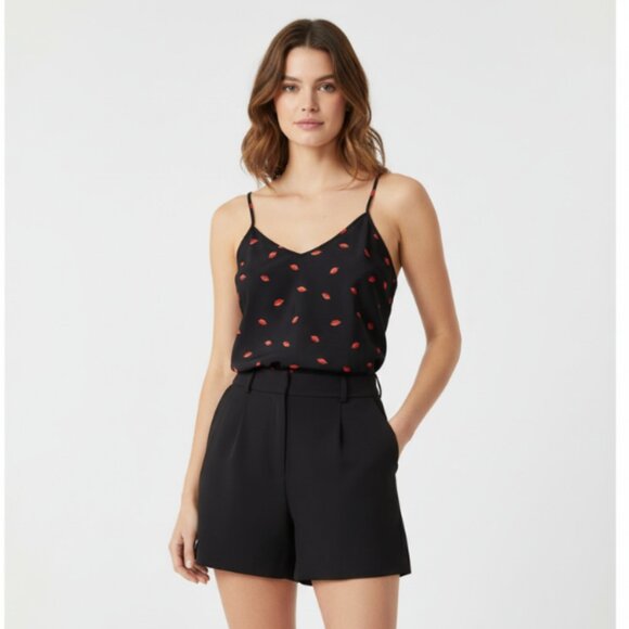 a new day Tops - A New Day Black Camisole w Red Lips Women’s Medium Satin Cami Top NWT